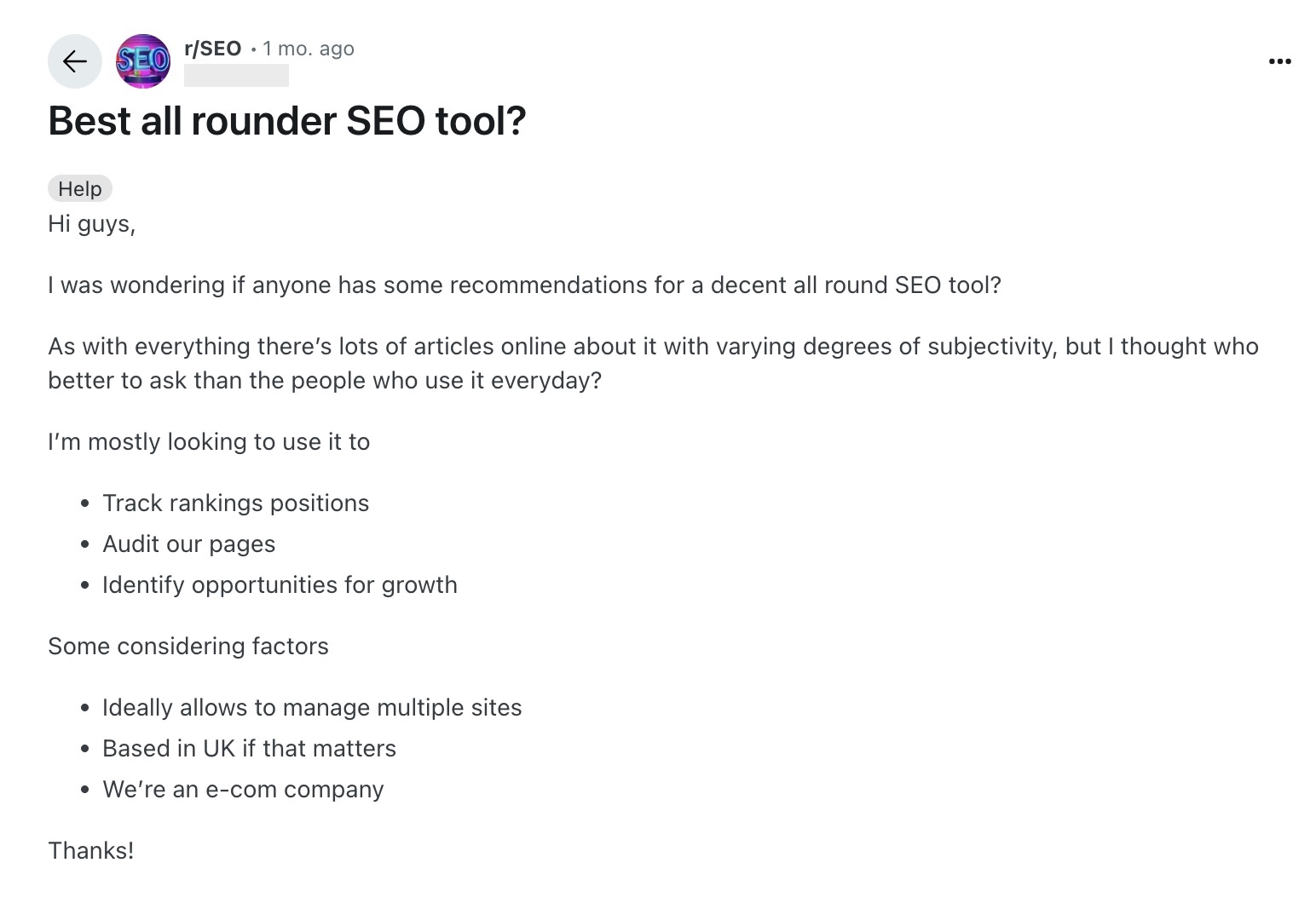 A post on Sub-Reddit 'SEO' that asks the community to recommend recommendations for an all-round SEO tool.