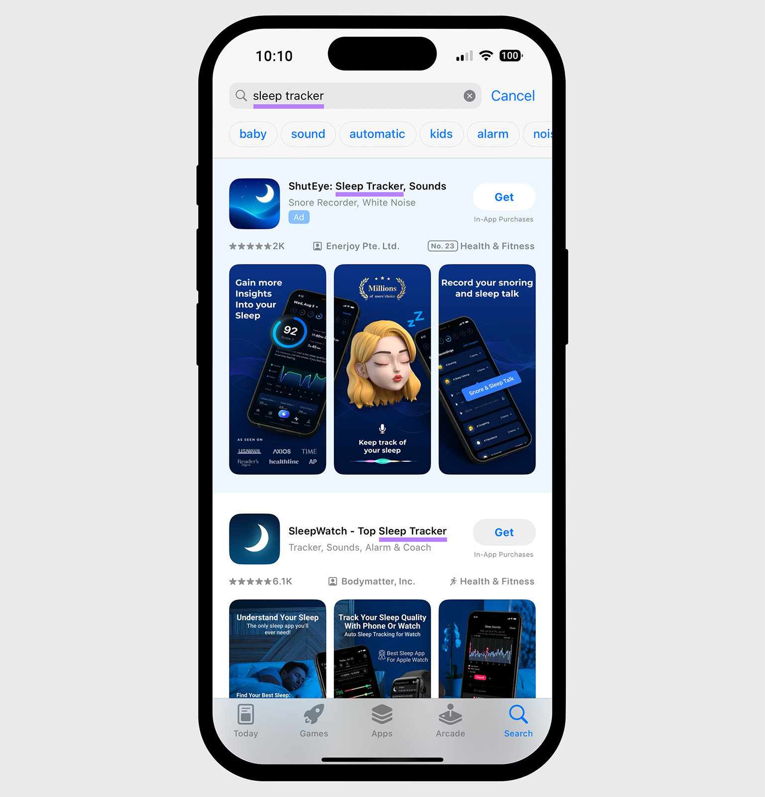 The Apple App Store -Seger results for 'Sleep Tracker' with the key word 'Sleep Tracker' highlighted in listing of titles