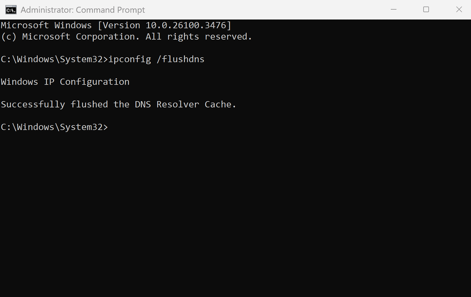 Administration mode Command Prompt Window showing success notification to DNS Resolver Cache Flush Command