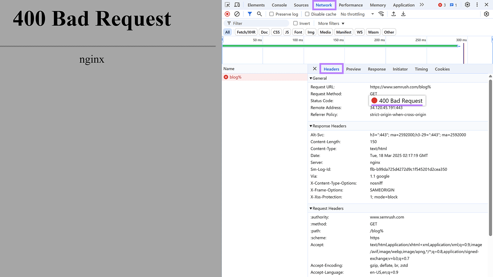 Chrome Web Developer Tools Network Tab Open and Headings The tab selected with status code errors highlighted for 400 bad request error
