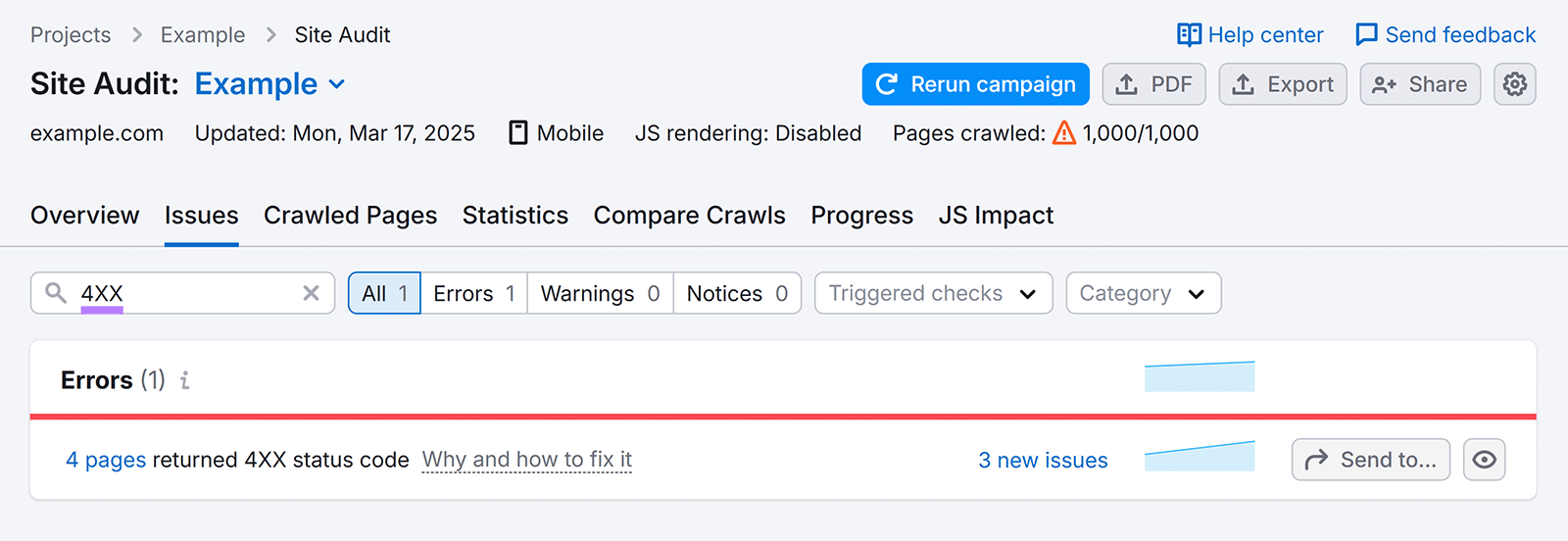 SEMRUSH SITE Audit -Problems Side with '4xx' in section