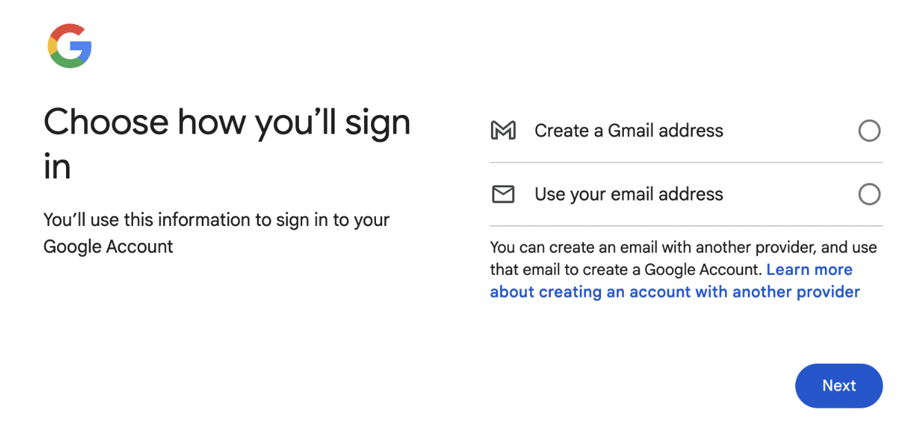 Choose how to log on page to gmail
