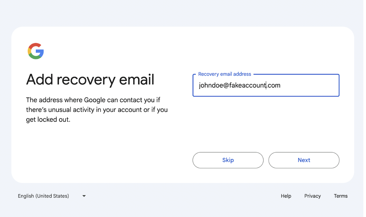 Add a recovery -e -mail on gmail
