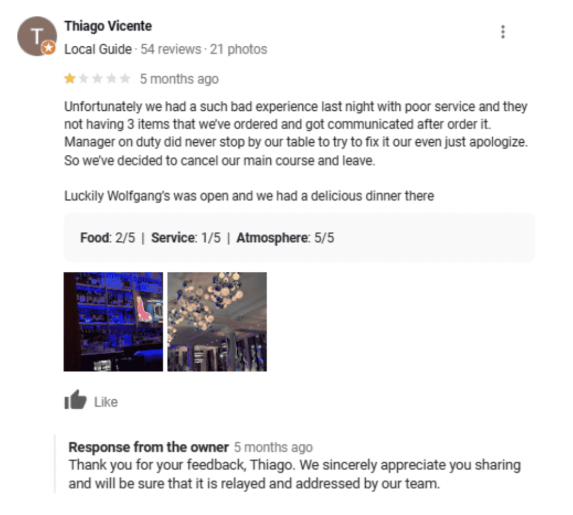 Example of negative review on Google