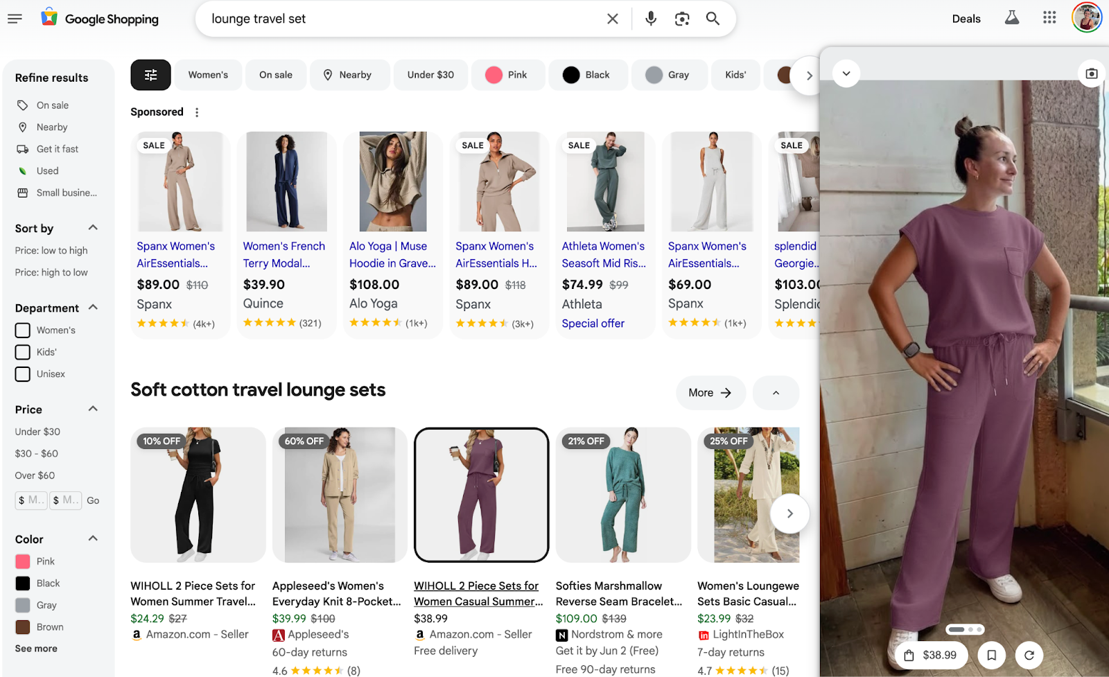 Google Shopping "Try it on" AI -Function to Lounge Travel Set