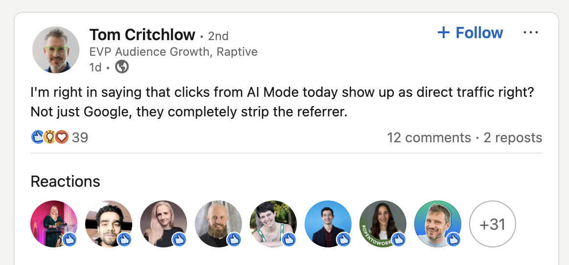 Tom Critchlow Poster on LinkedIn on Restricted AI mode Traffic Tracking