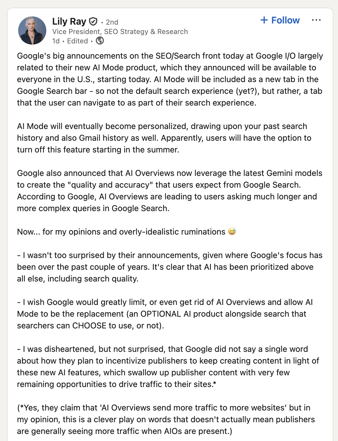 Lily Ray responds to AI MODE -ERUMP ON LINKEDIN
