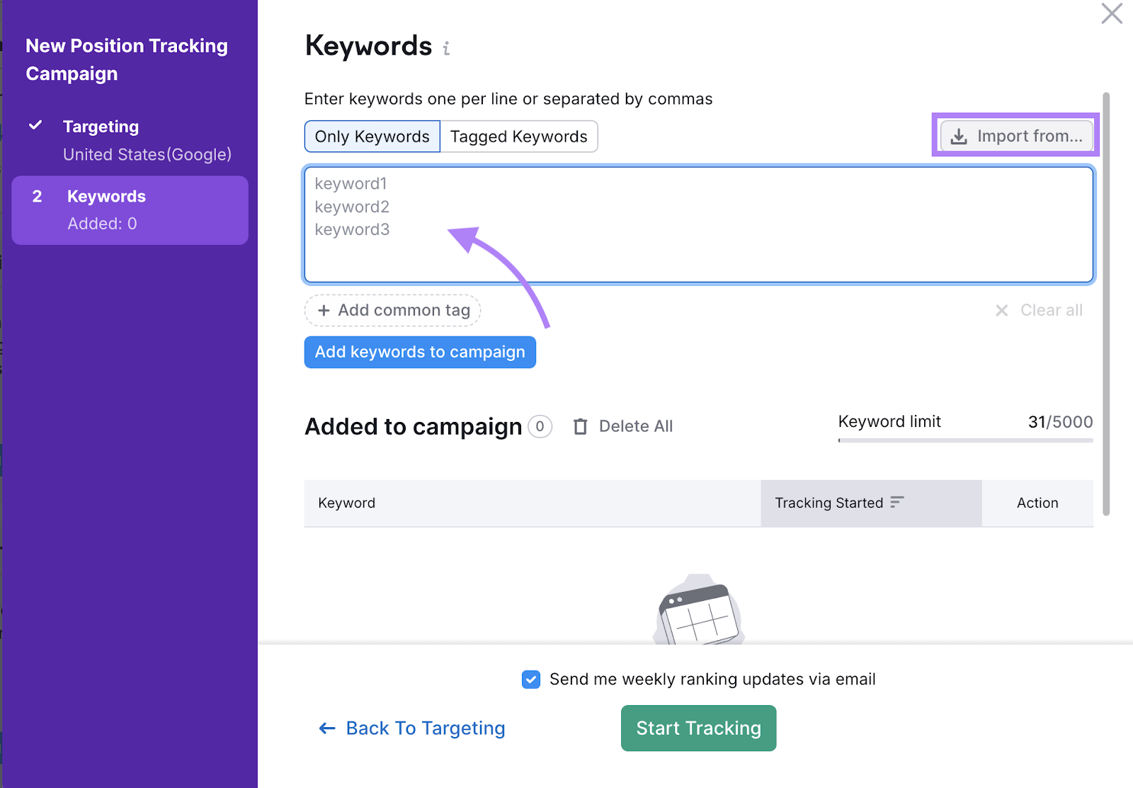 Adding Keywords to Placing Tracking