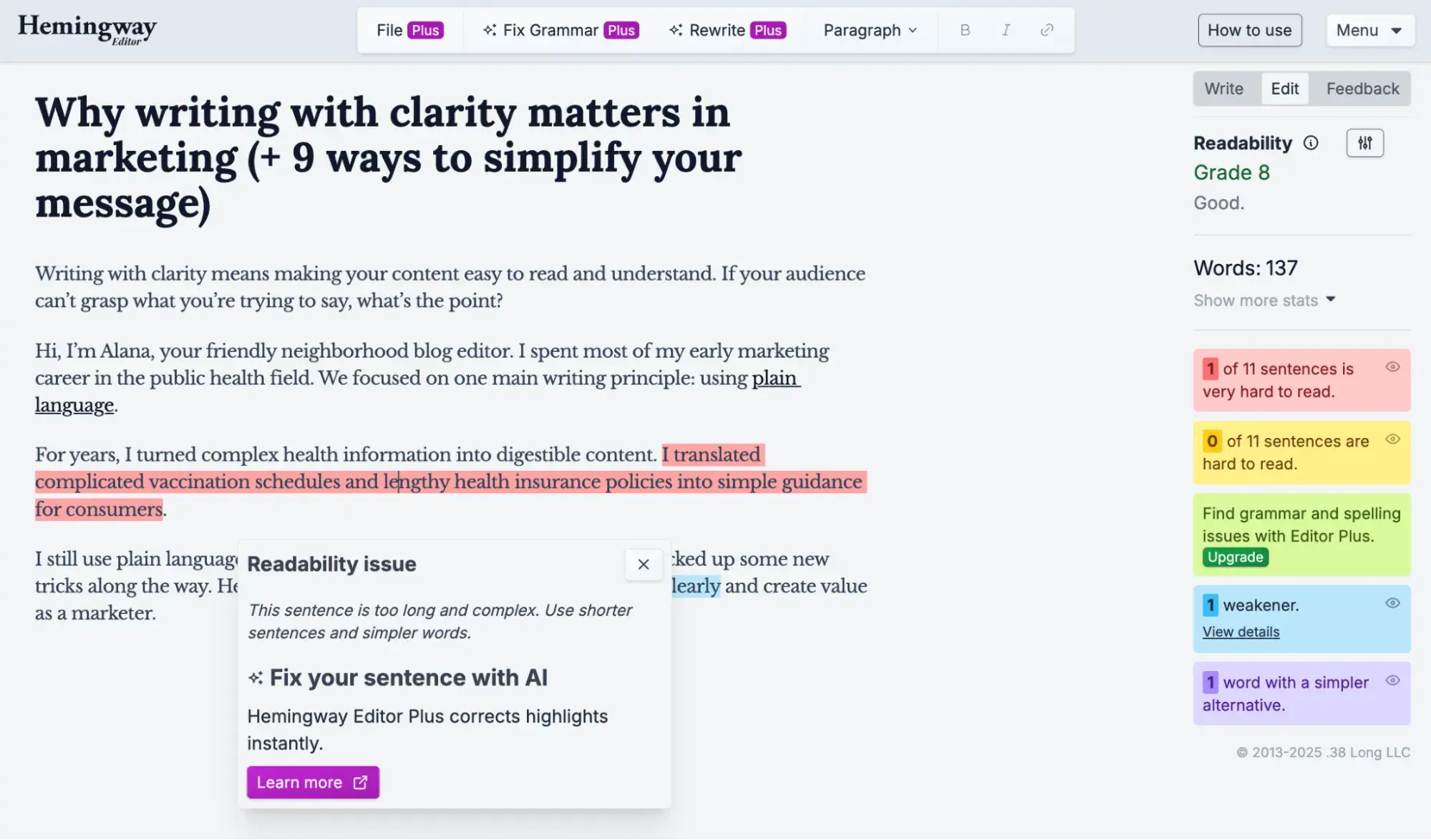 Example of how to improve clarity in writing with free writing tools, Hemingway Editor