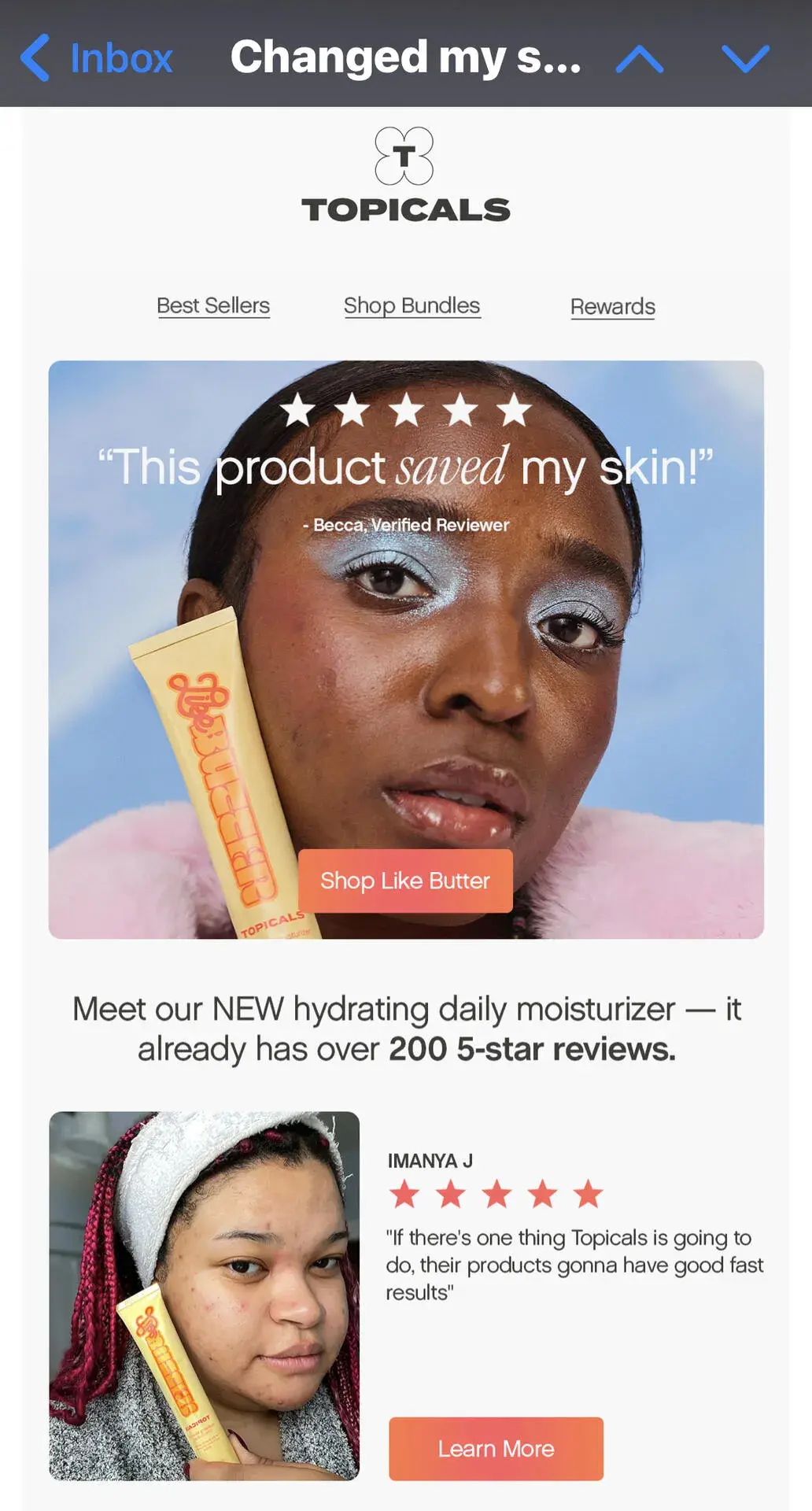 Personal Experiences, E -Mail from Topicals showing reviews for buzzy product