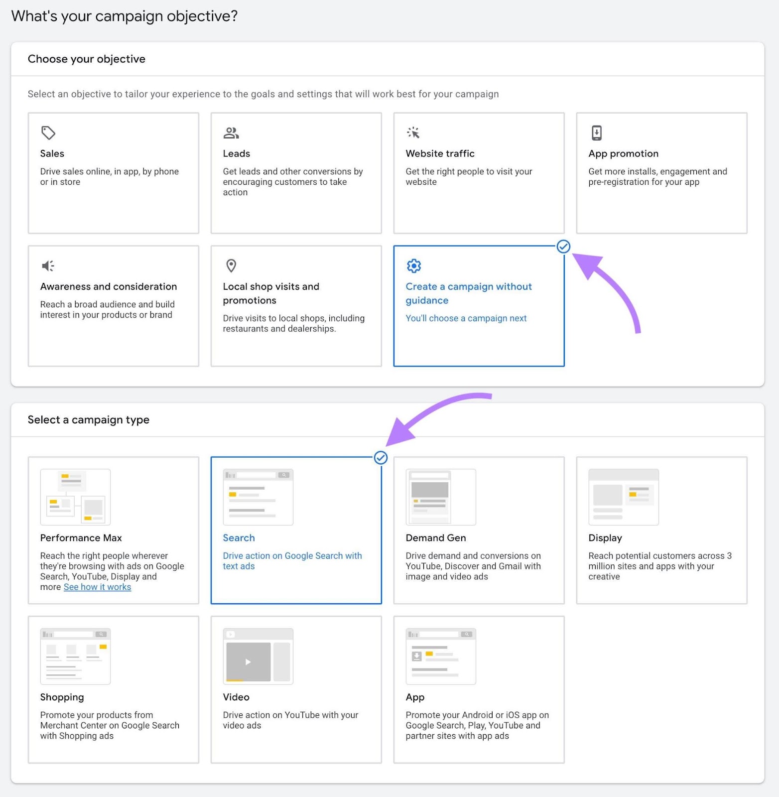 Google Ads setup window with options for choosing a campaign goal and campaign type.