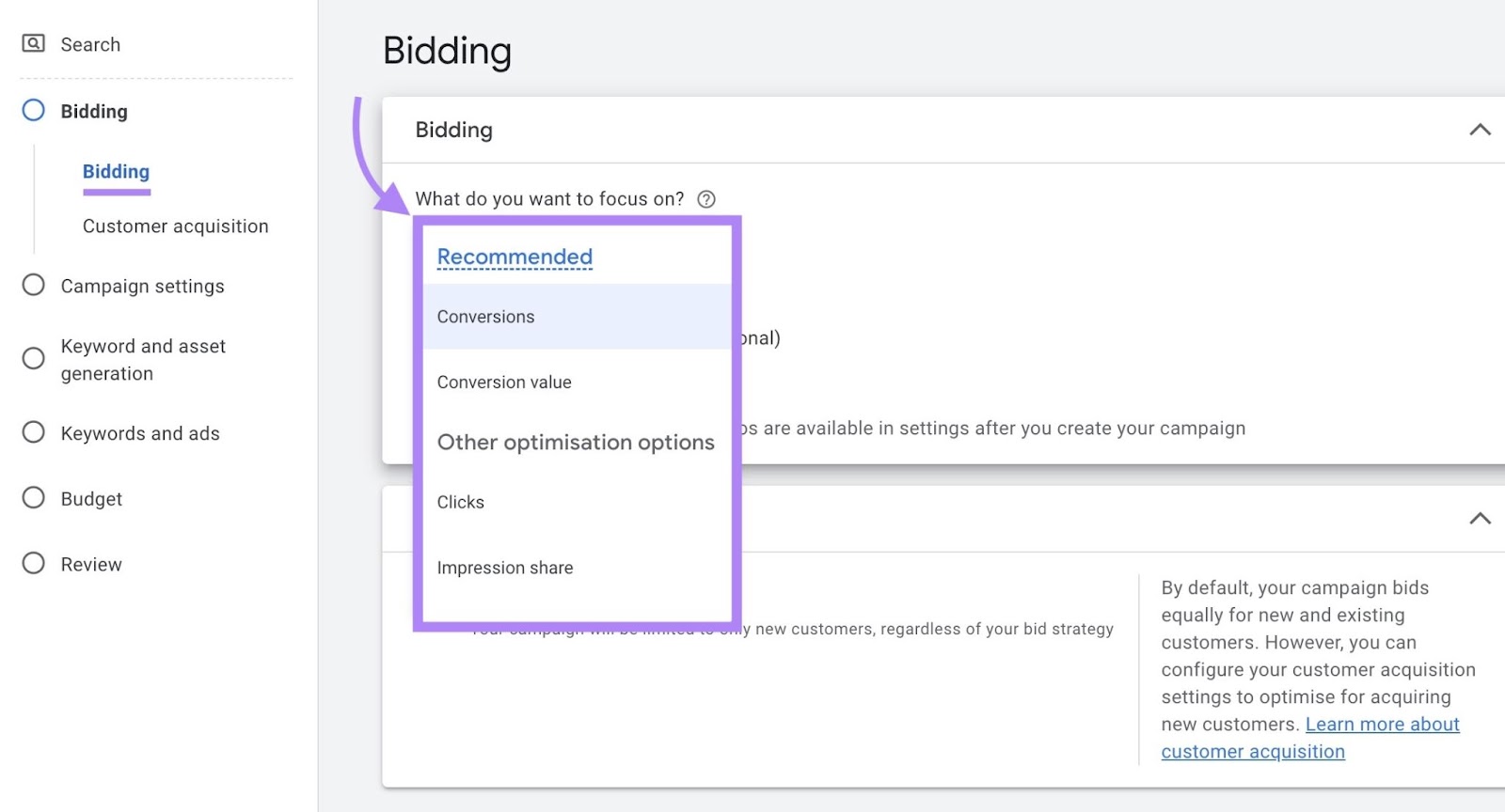 Bid settings on Google ads with opportunities to focus on conversions, conversion value, clicks or impressions.