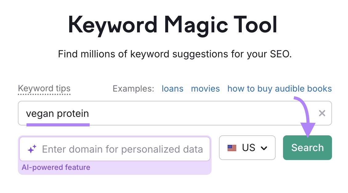 Keywords magic tool starts with "Vegan protein" stepped in as the expression and "Search" clicked.