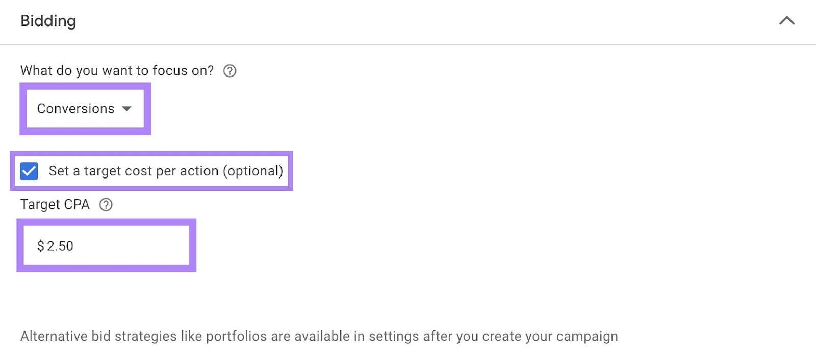 Bid settings on Google ads with "Conversions" Selected and a target cost per Entered action amount.