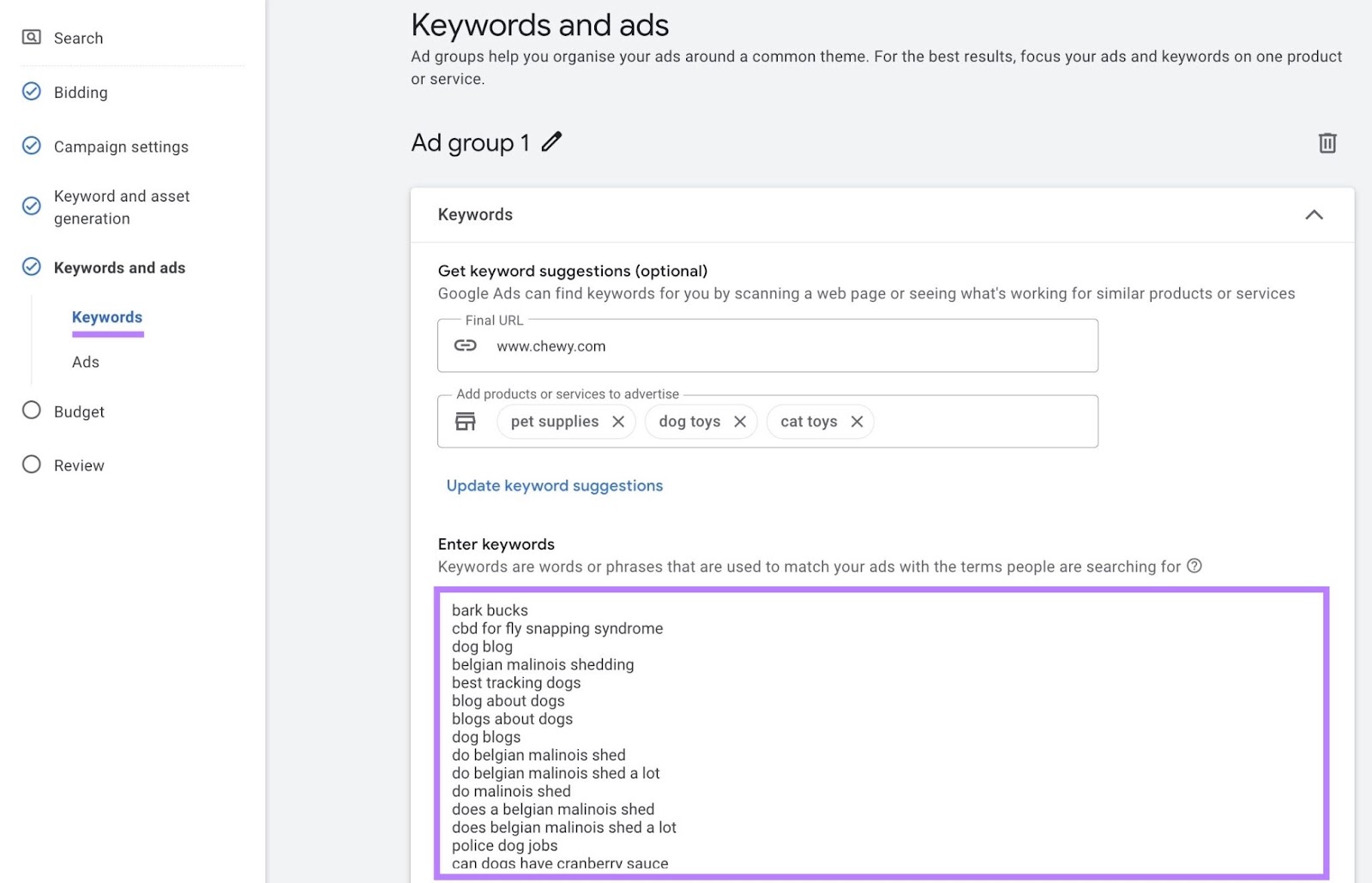 Keywords and advertisements on Google ads with options for customizing the URL, products or services to advertise, keywords for target, etc.
