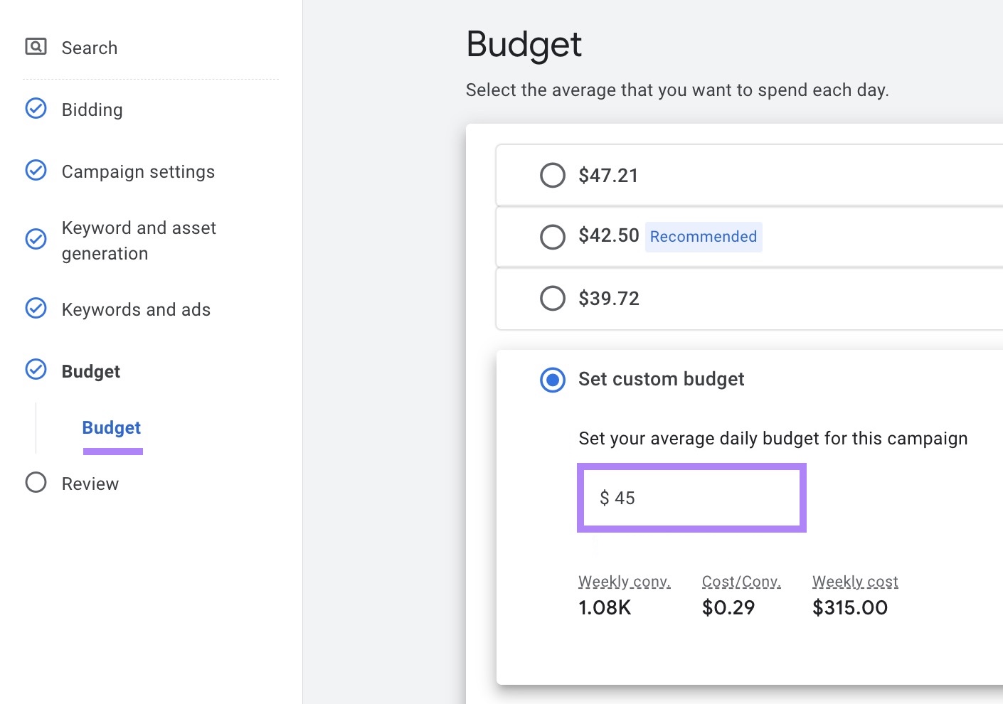 Budget settings on Google ads with "Set custom budget" selected and an entered amount.