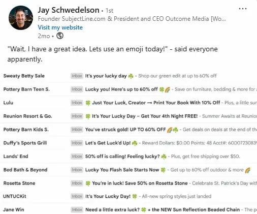 Screenshot of Jay Schwedelson's LinkedIn page showing an inbox full of subject lines carrying Shamrocks