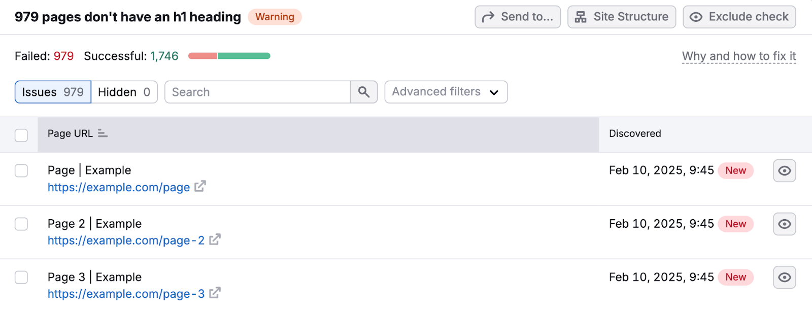 Website Auditing shows pages with headline marking errors, their URL, and when they were discovered.