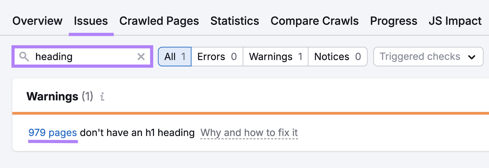 Website Auditing shows this example Domain has almost 1000 pages without H1 heading.