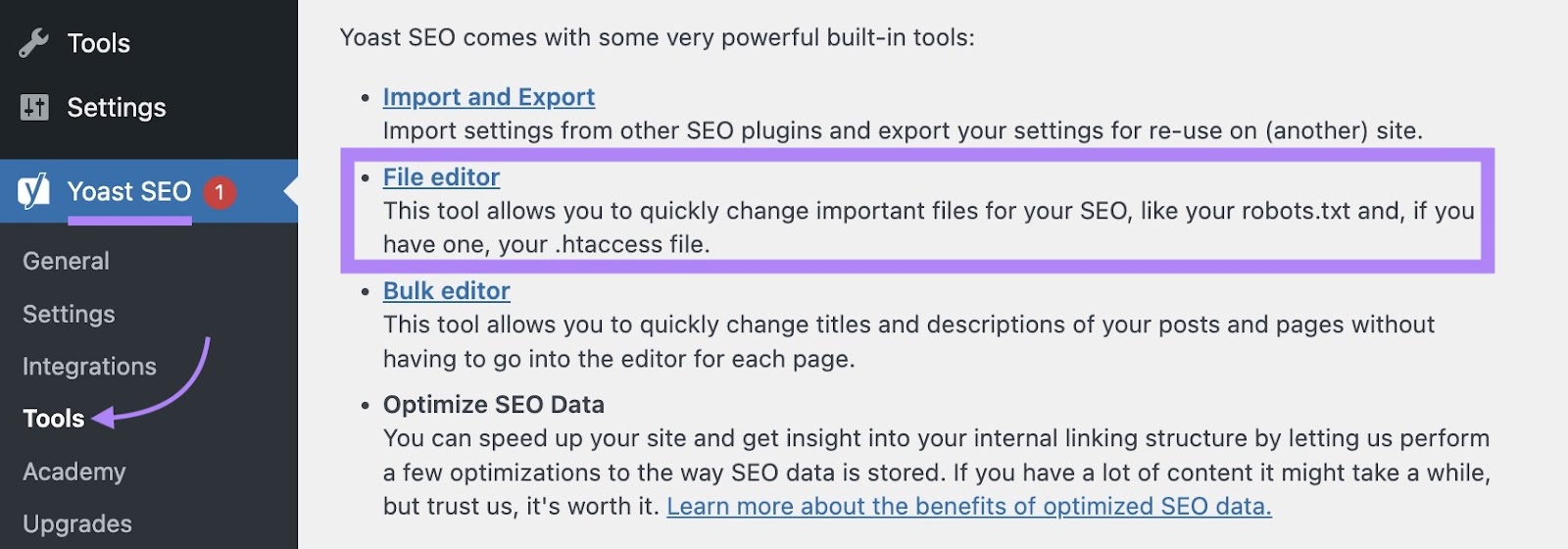 "Fileditor" clicked off "Tools" The Tab of Yoast SEO.