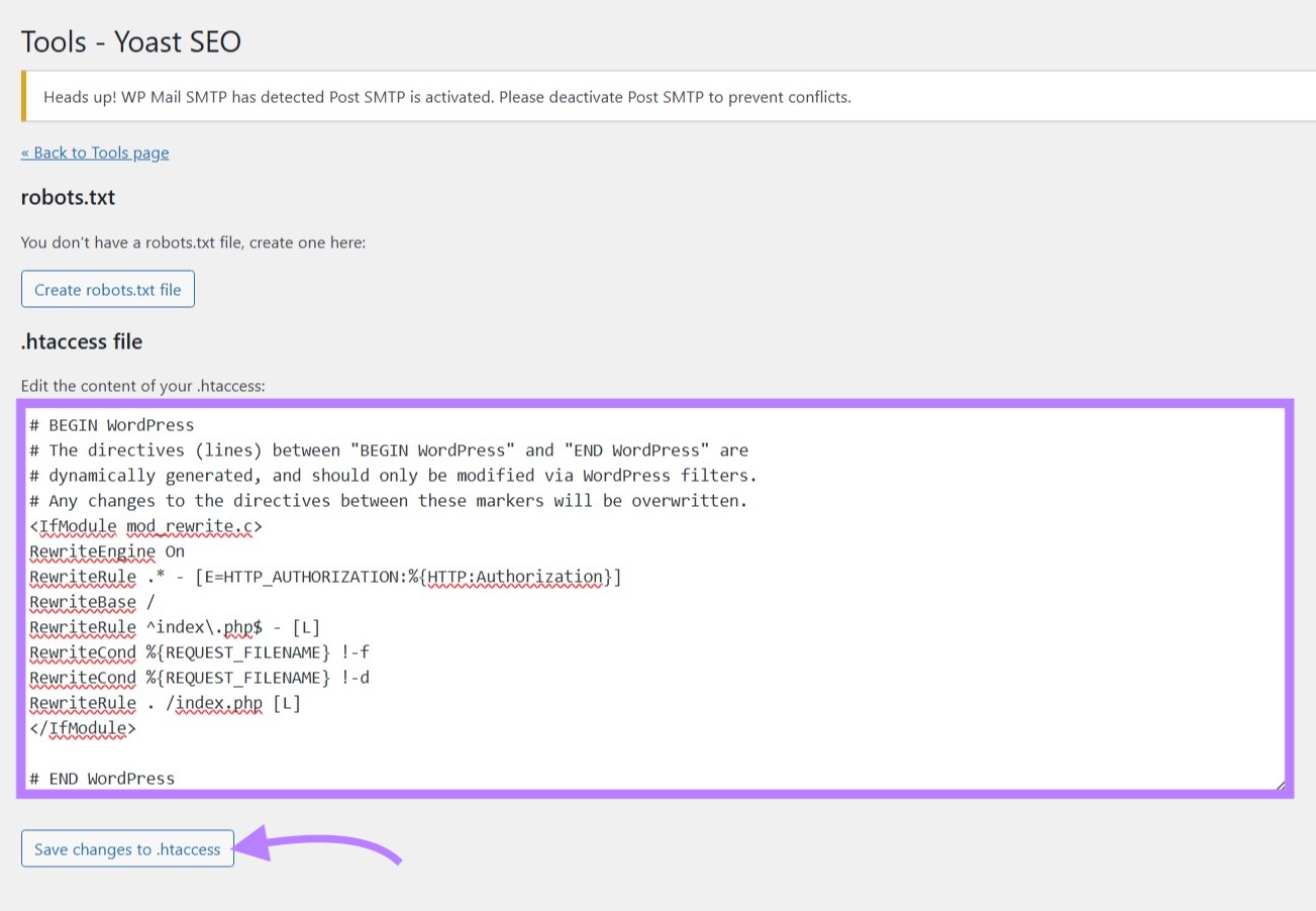 Code entered along with redirect rules on ".htacess file" Window using Yoast SEO.