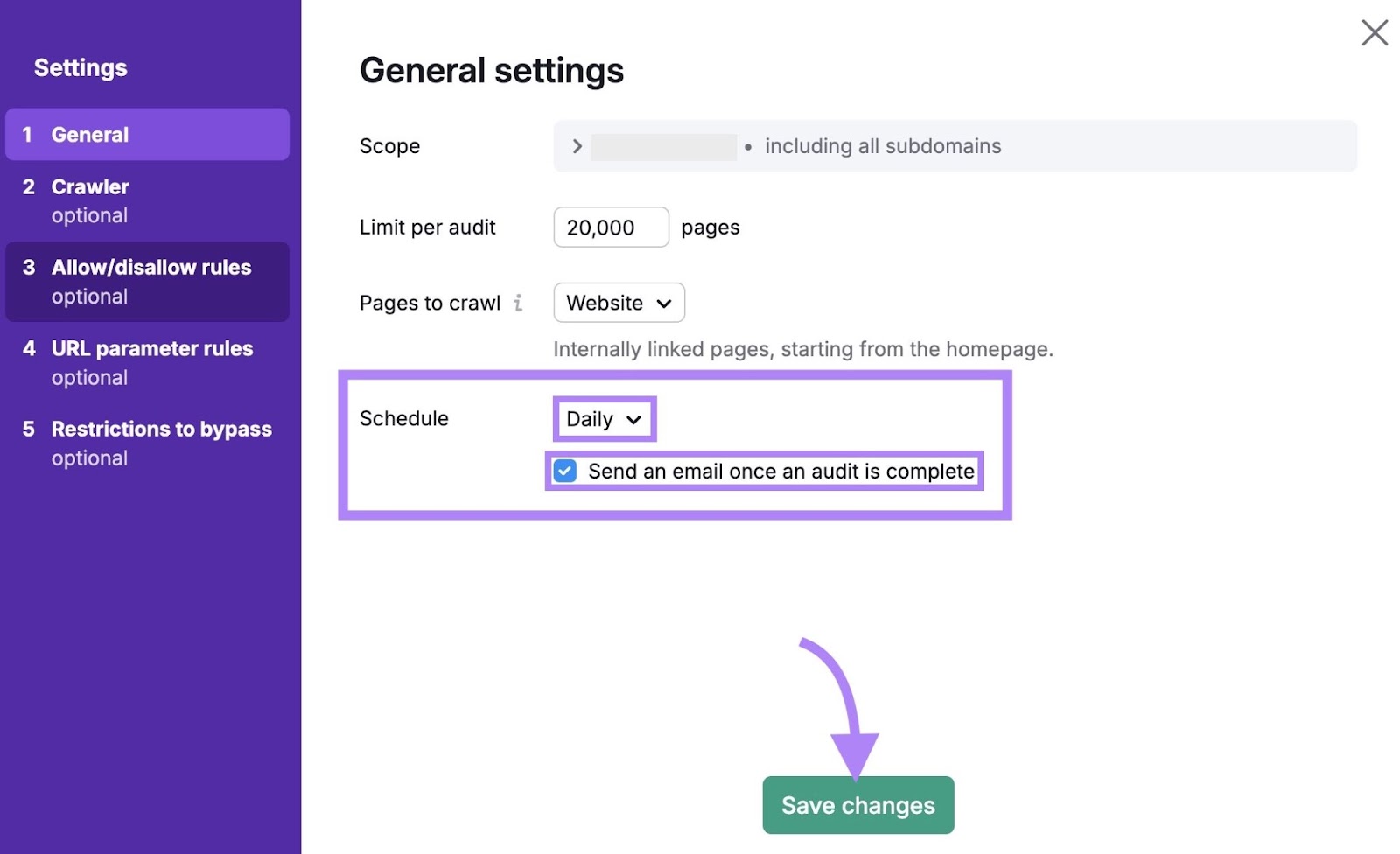 Planning frequency selected, "Send an E -Mail when a revision is completed" Controlled and "Save changes" Click Settings on site.