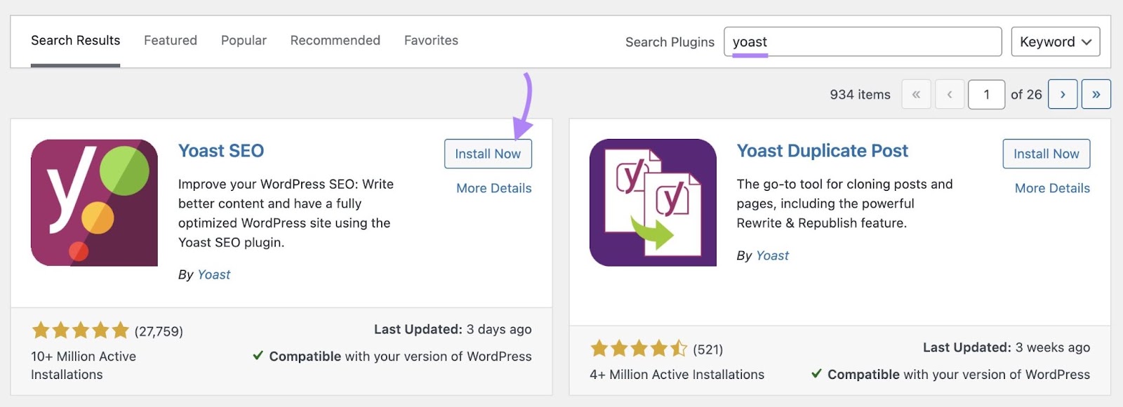 WordPress plugins library with "Yoast" stepped in and "Install now" Clicked next to the Yoast SEO plugin.